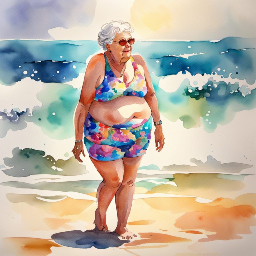 Vibrant Watercolor: Confident Woman on the Beach