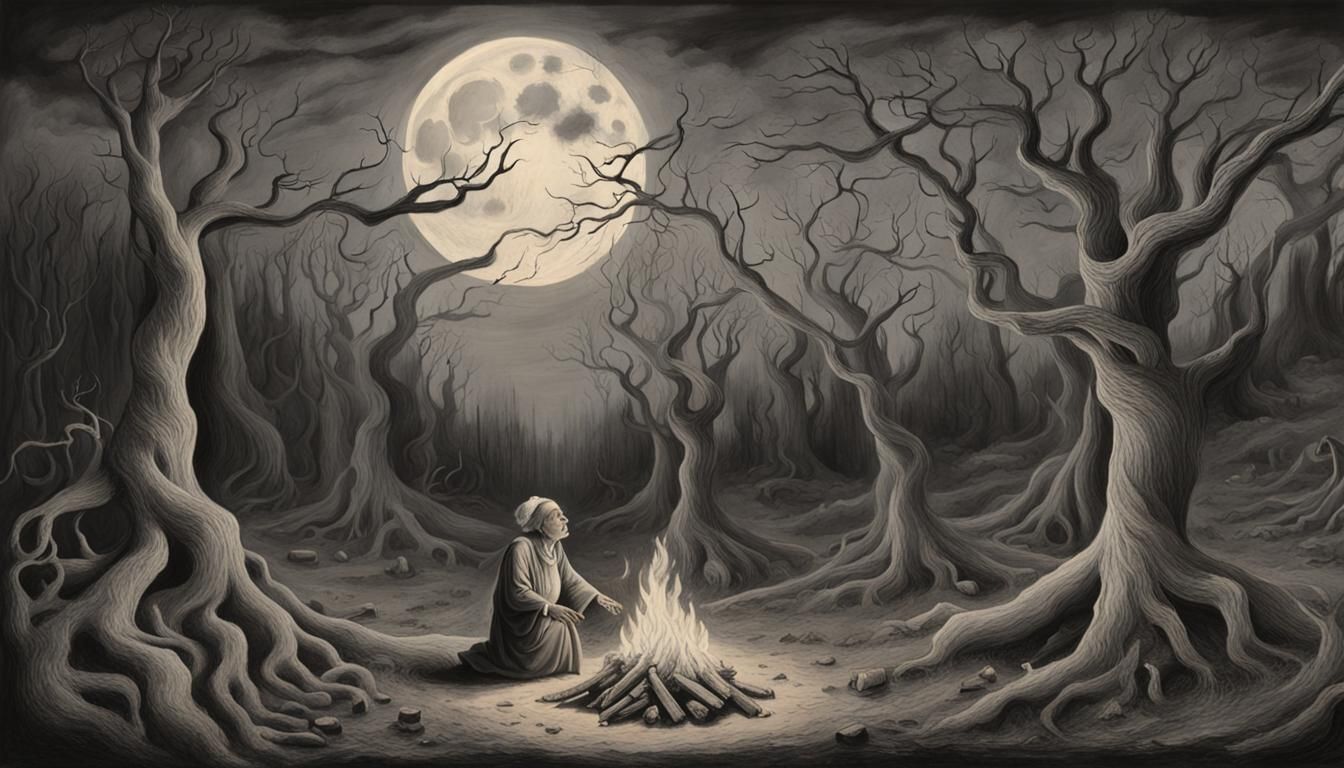 Charcoal Drawing: Old Woman and Bonfire in Forest