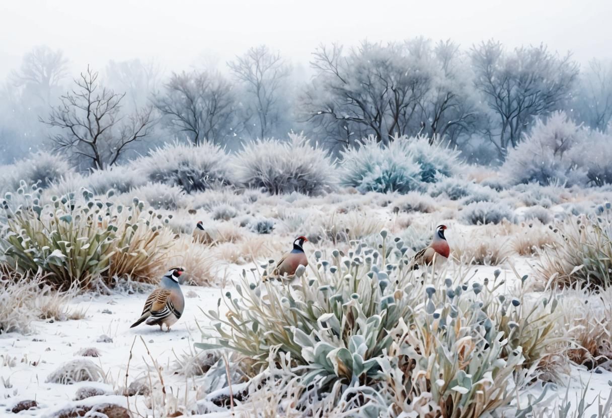 Chukar Partridges in Winter Landscape, Watercolor Illustrati...