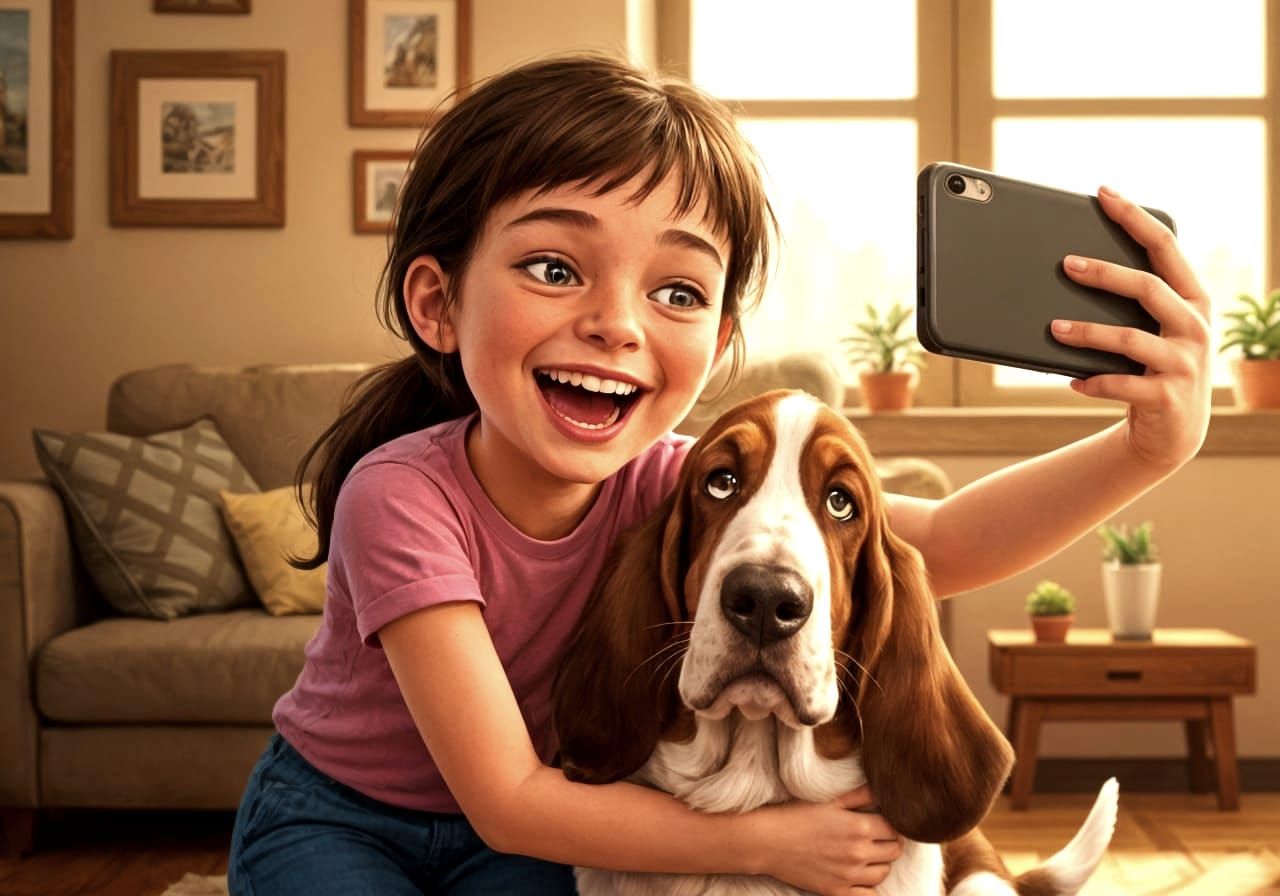 Girl Takes Selfie With Deadpan Basset Hound in Cozy Living R...