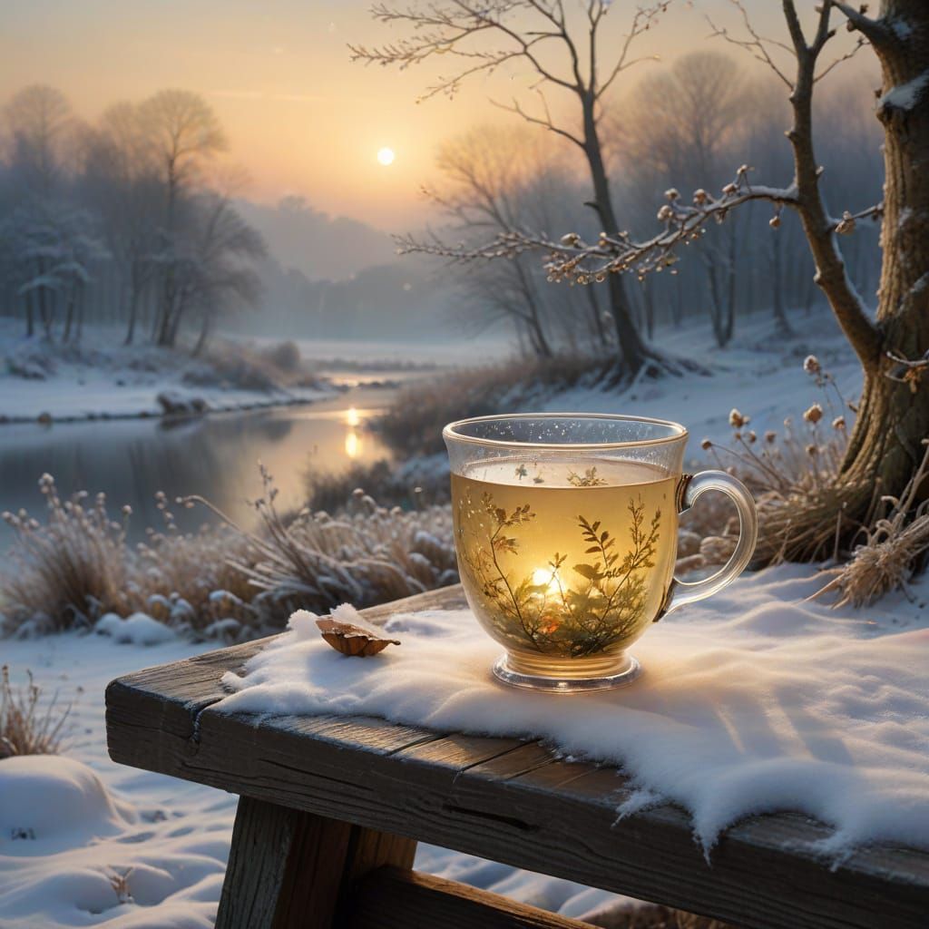 Delicate Tea Cup in Winter Camp Scene