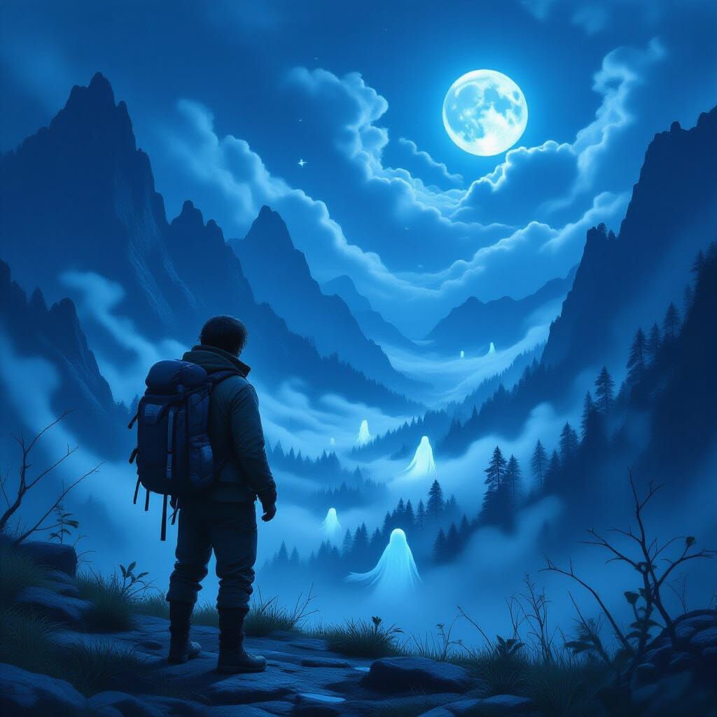 Mystical Valley Moonlit Landscape with Ethereal Spirits