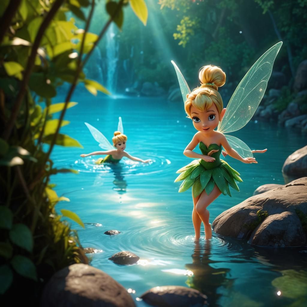 Pixar style cartoon Tinkerbell fairy, by a river in Neverland