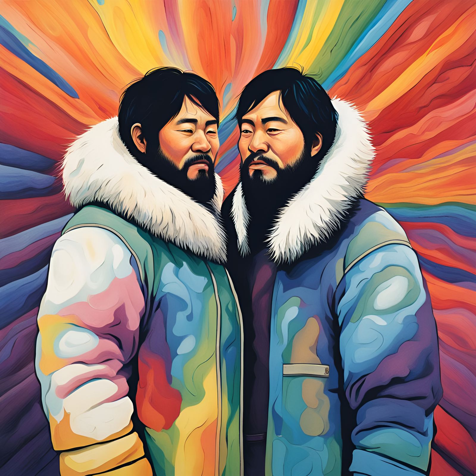 Rainbow Light on Inuit Couple in Abstract Art