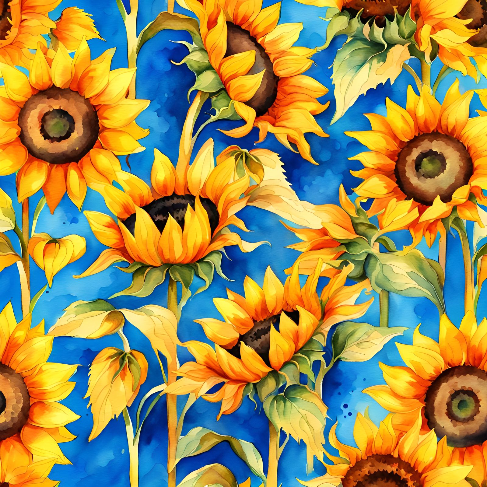 Vibrant Watercolor Sunflowers on Blue Background