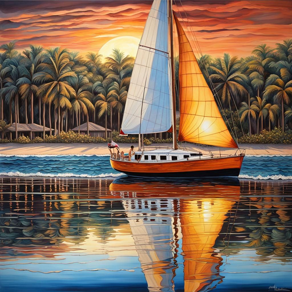 Tropical Sunset Sailboat in Volumetric Lighting