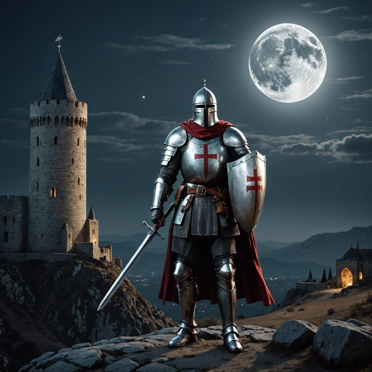 Crusader Knight Under a Full Moon