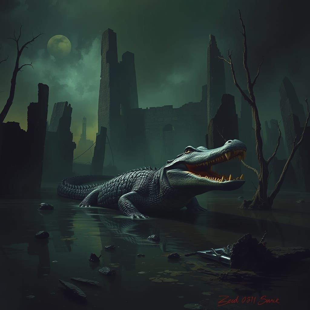 Alligator in Eerie Swamp Ruins with Atmospheric Lighting