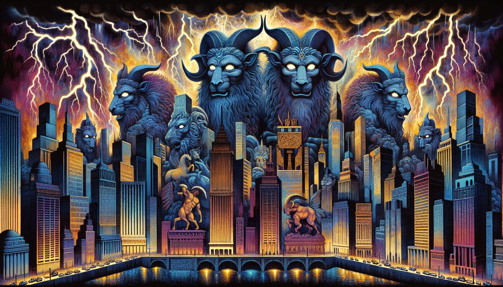 Babylonian Statues in a Stormy Cityscape