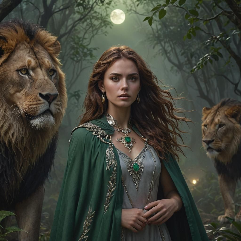 Woman and Lion in Misty Jungle Twilight