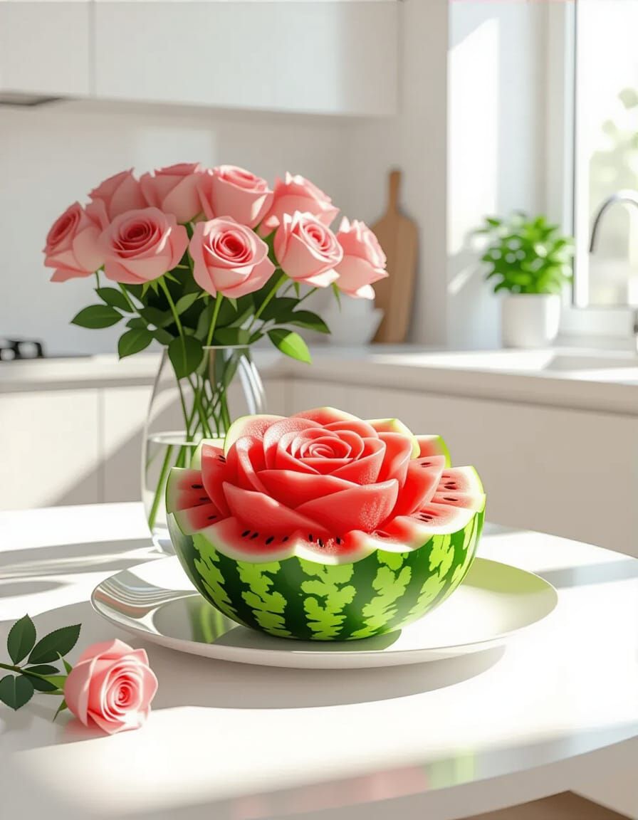 Watermelon Rose Still Life with Floral Arrangement as Oil Pa...