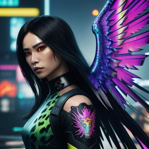 Asian Woman with Dragon Scales in Cyberpunk Style