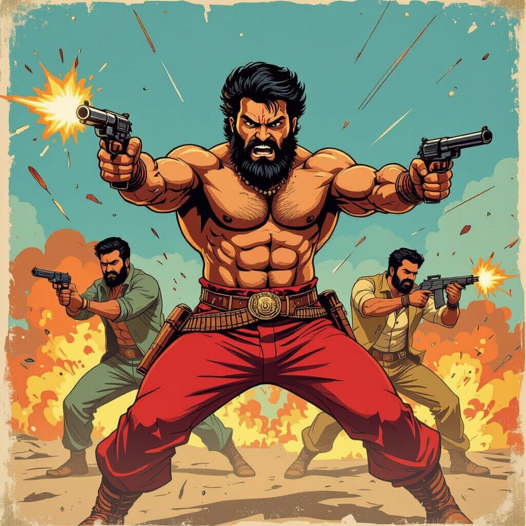 Bollywood Action Heroes Clash in Retro Movie Poster