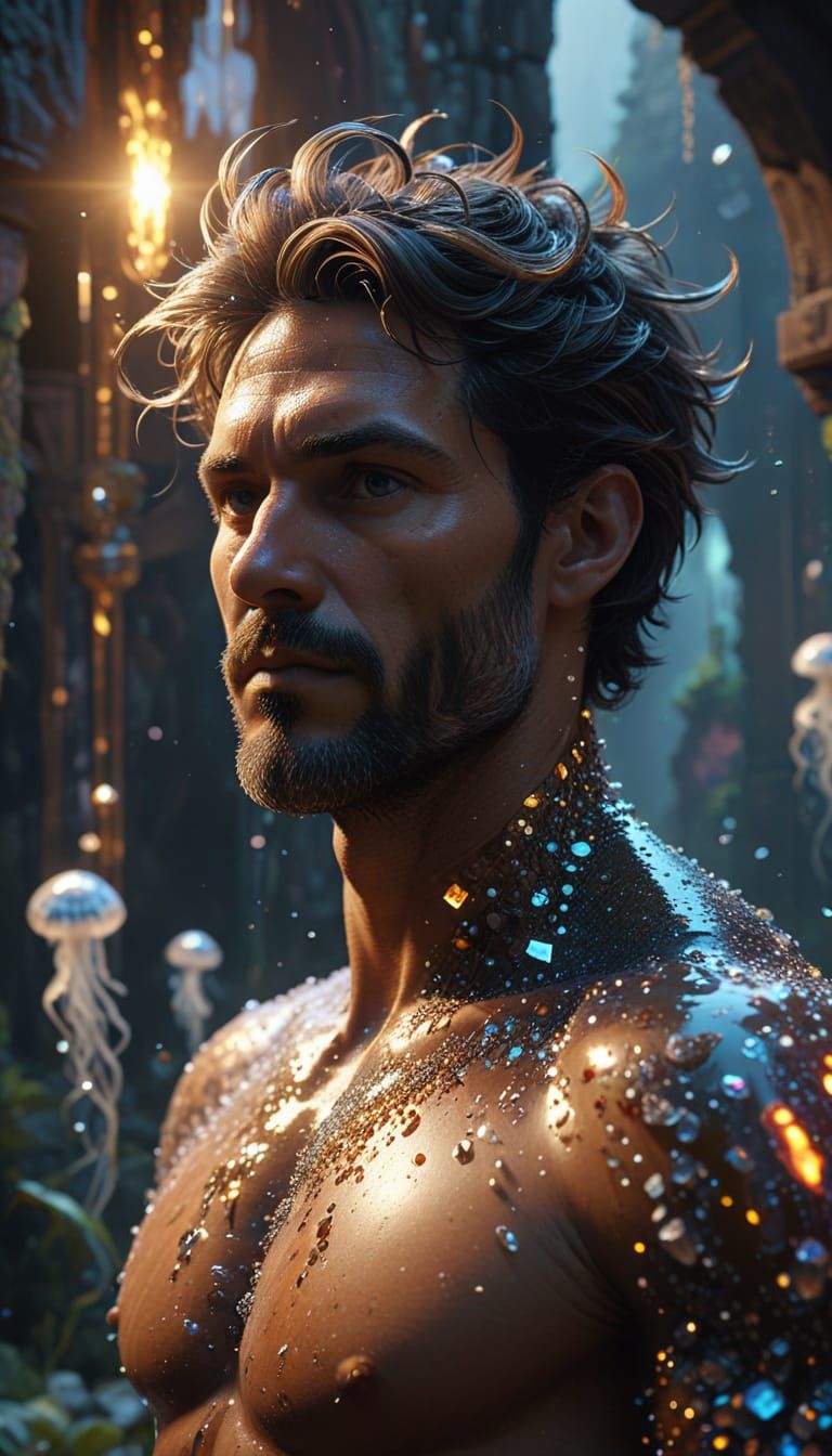 Robust Man in Golden Light, Amidst Sparkling Crystals and An...