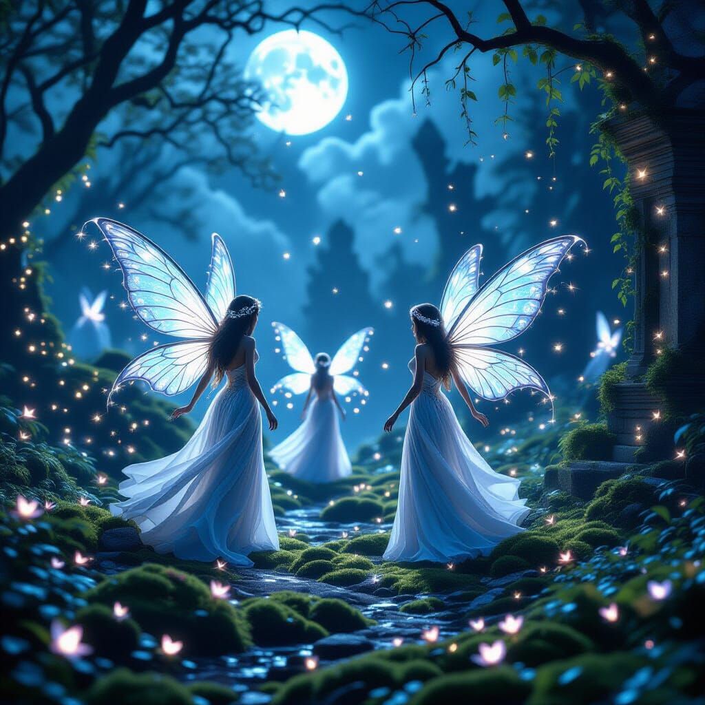 Dreamy Fairies Dancing in Moonlit Ruins