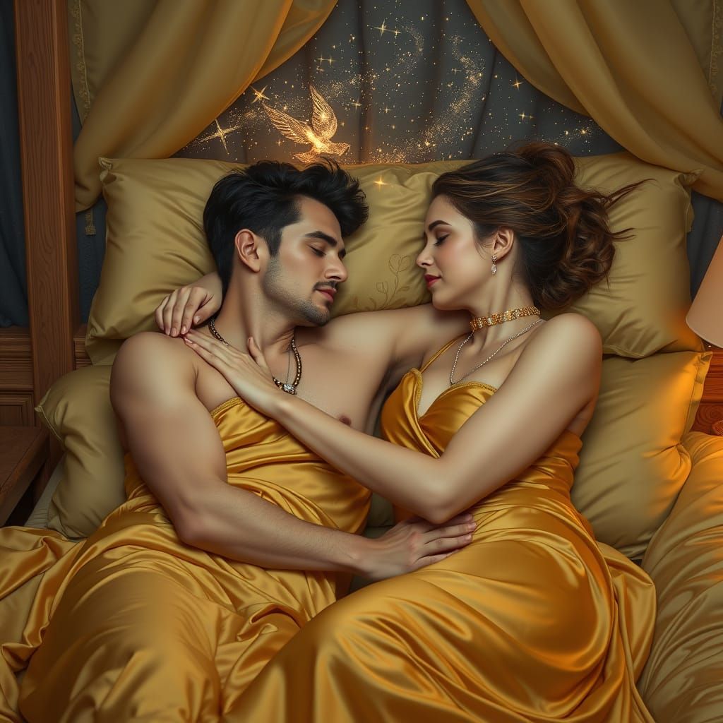 Attractive Young Couple in Luxurious Slumber, Embracing in a...