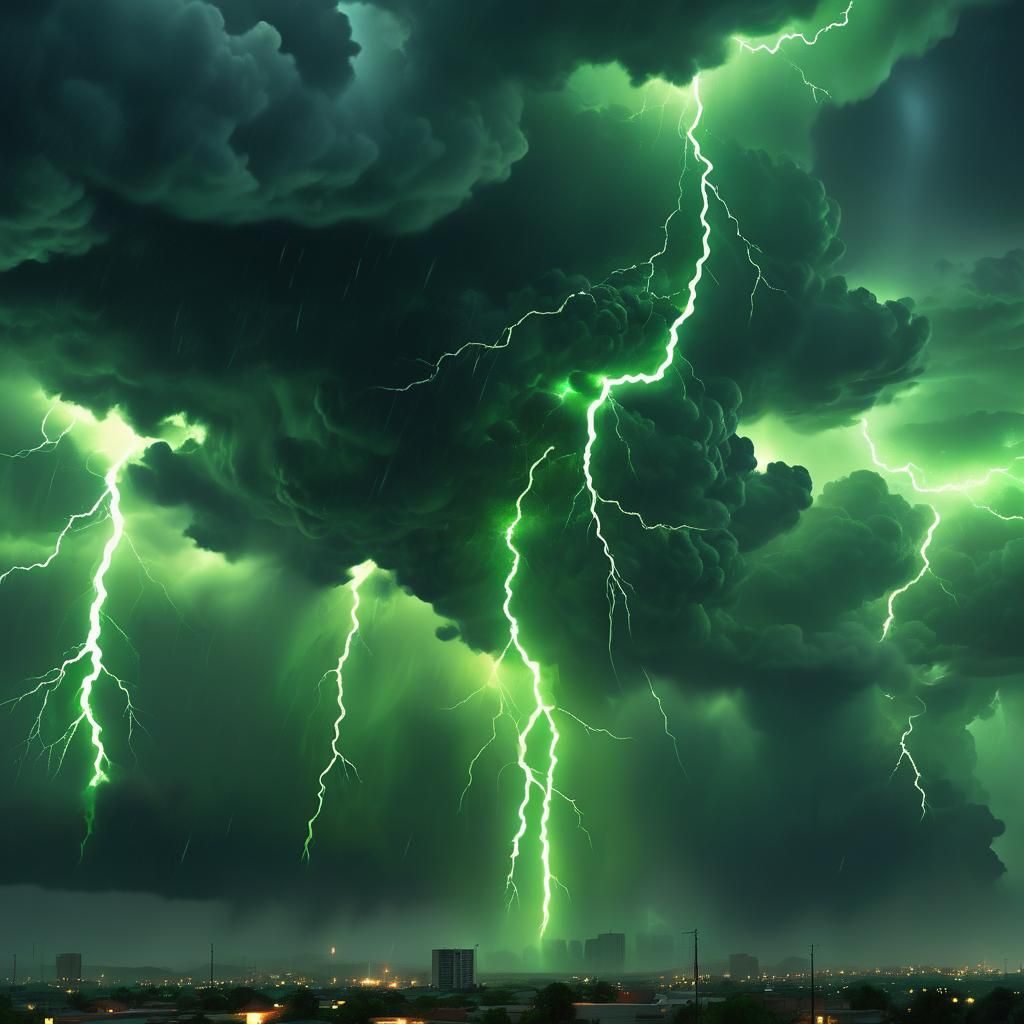 Electric Green Lightning Storm Above Ominous Clouds
