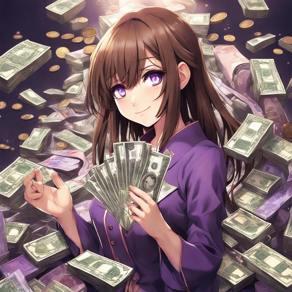 Anime Girl Surrounded by Money and Coins