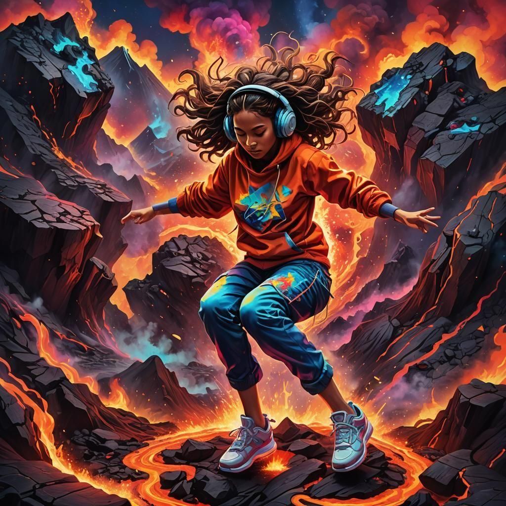 Lava Girl Breakdancing on Volcano: Pablo Amaringo Style