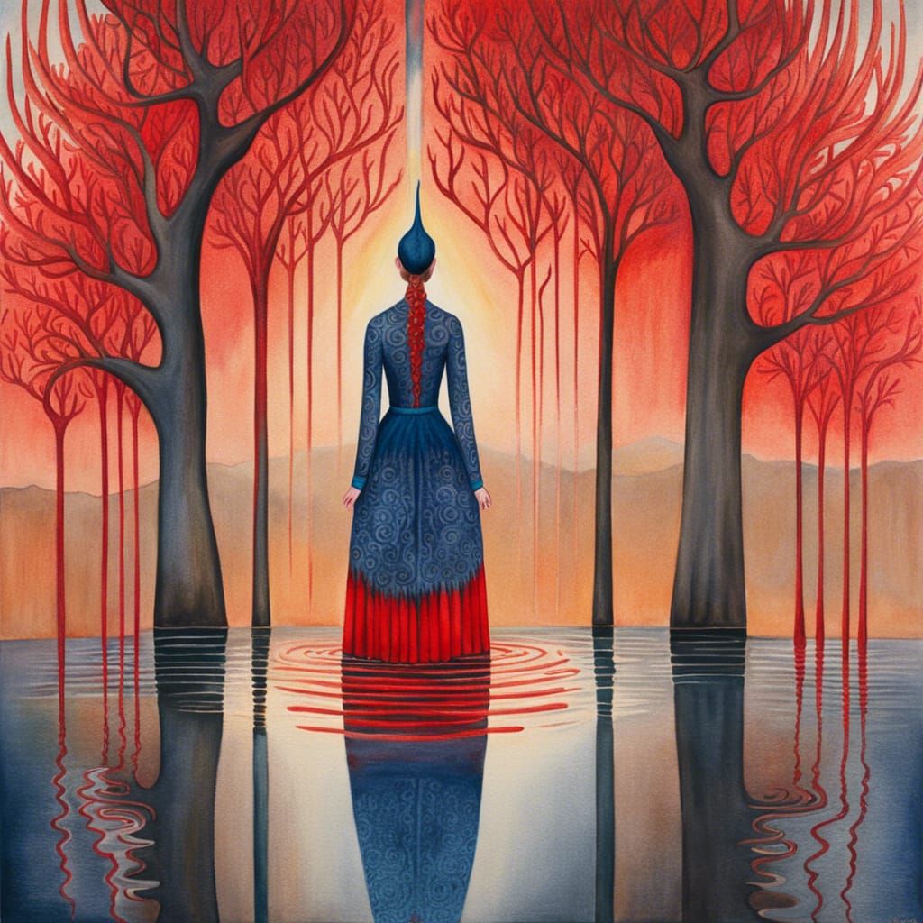 Ethereal Woman on Silent Lake: Watercolor by Remedios Varo