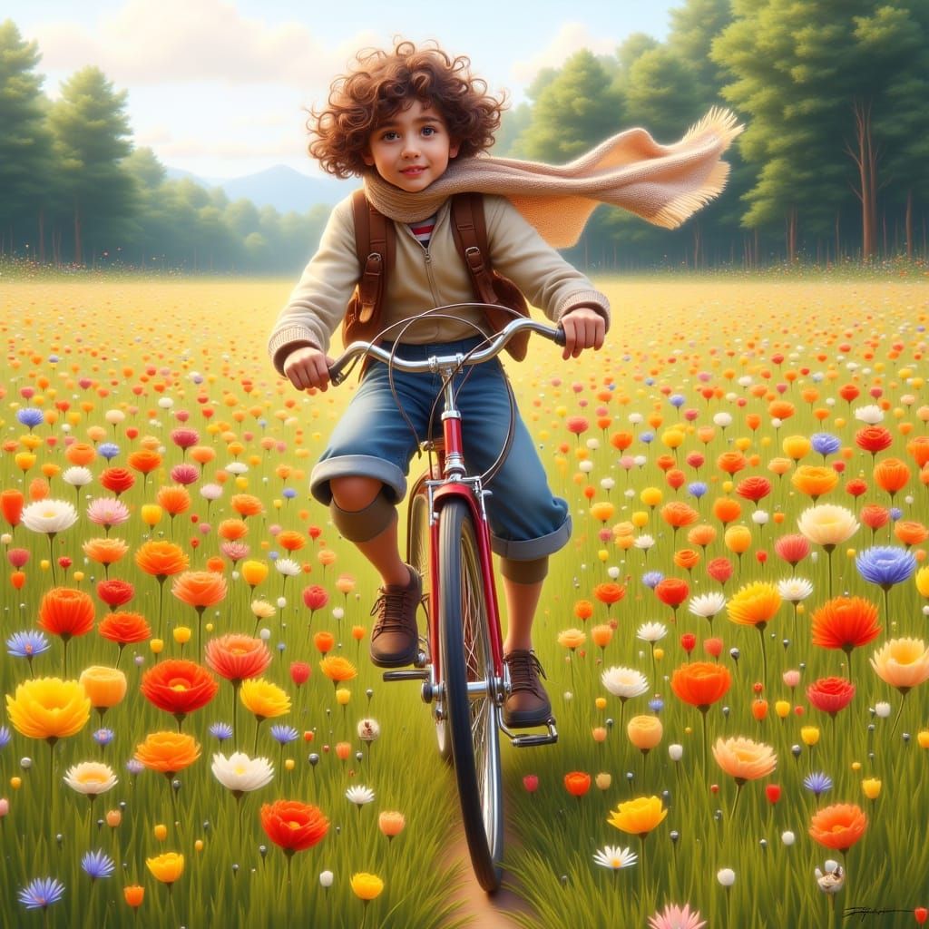Adventurer Races Vintage Bicycle Through Wildflower Meadow i...