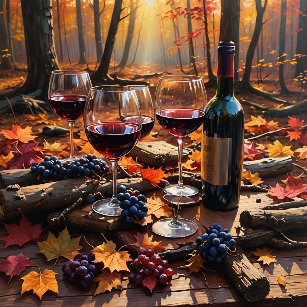 Wine in Autumn Forest: Fantastical Oil Painting
