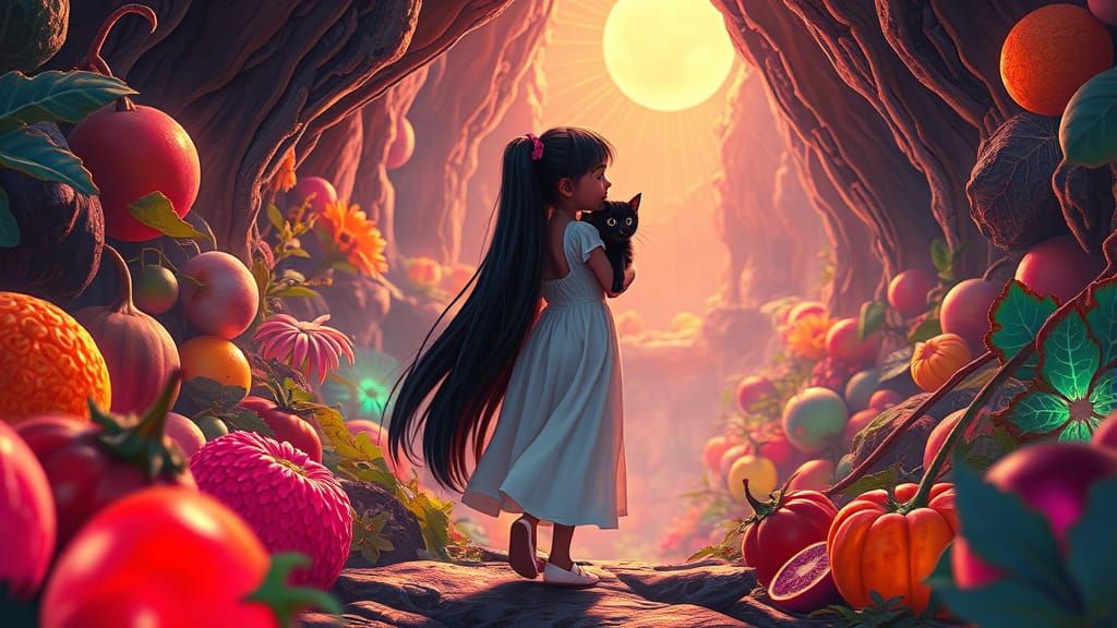 Girl in Neon Garden of Wonders in Hyperrealism Style