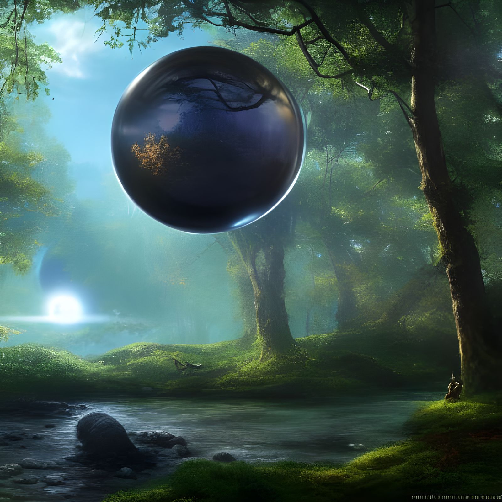 A large glass ball on a sunny glade next to a river with a black hole inside