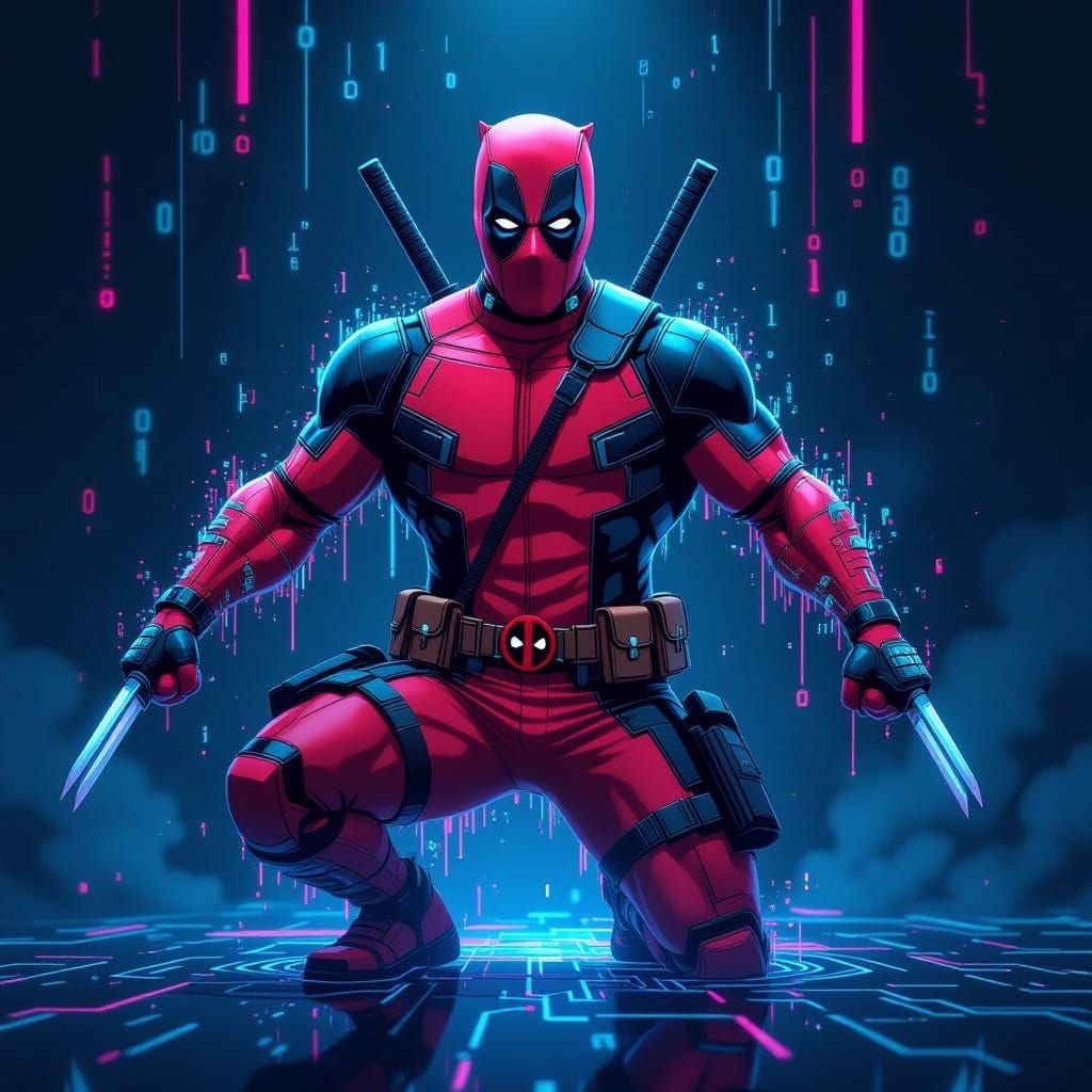 Glitching Deadpool as Digital Entity in Neon Void