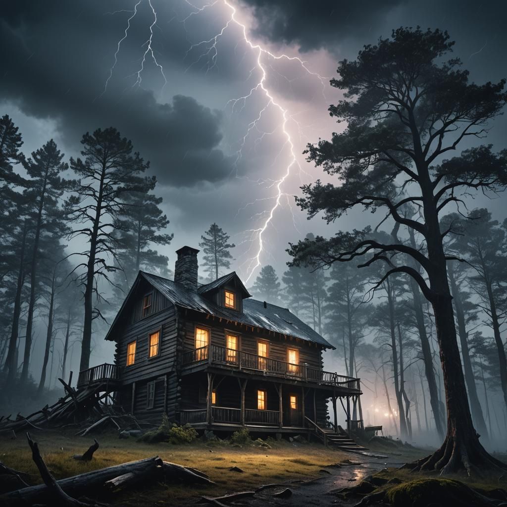 Eerie Cabin in Foggy Forest: Dark Fantasy Painting