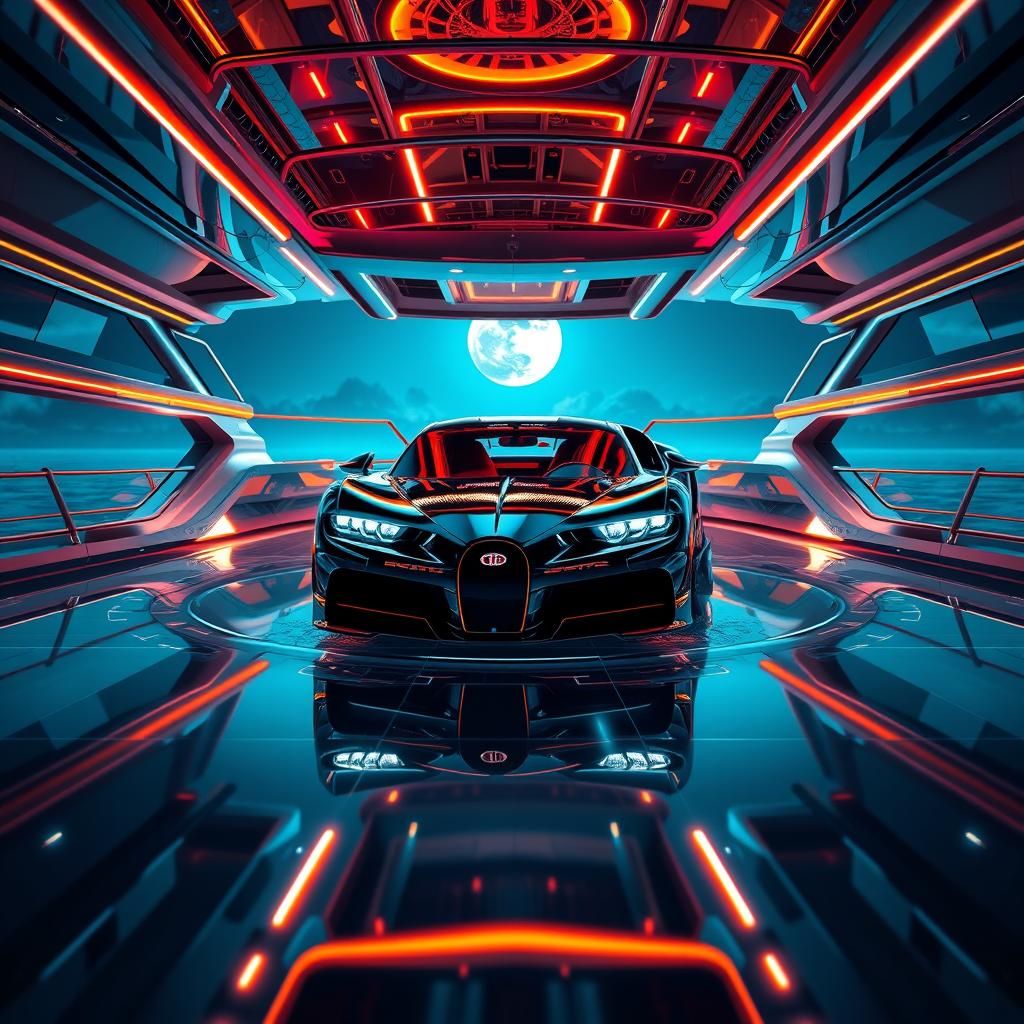 Futuristic Yacht with Bugatti, in Sci-Fi Anime Style