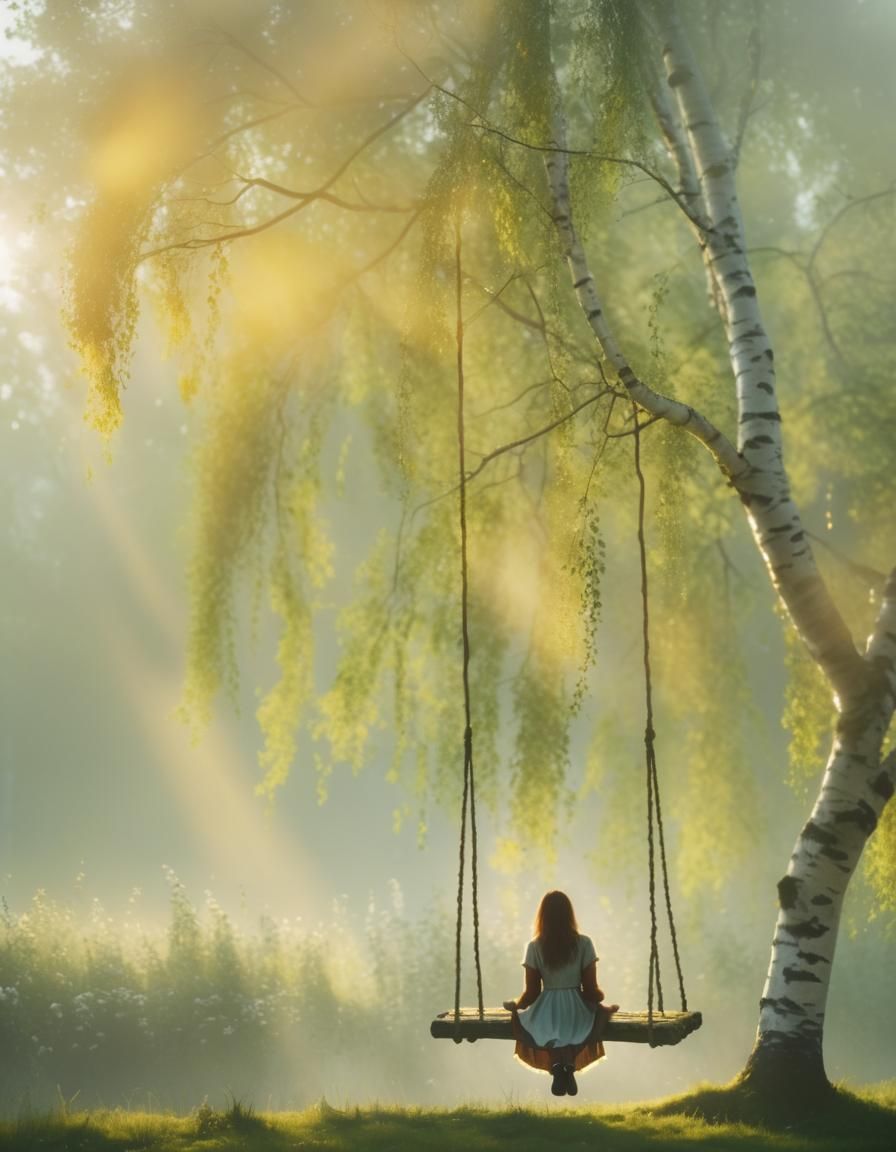 Girl on Birch Swing Greets Golden Dawn