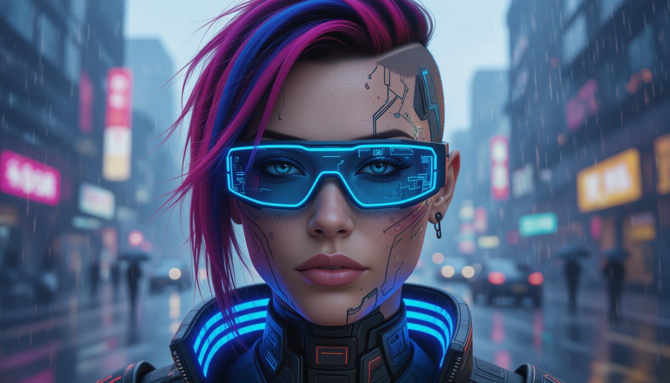 Cyberpunk Woman with Glowing Neon Glasses in City