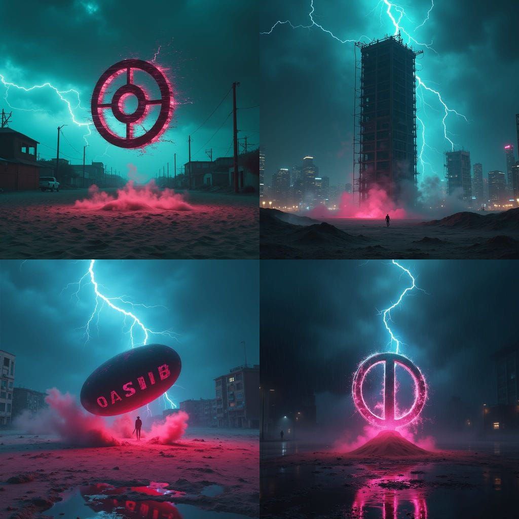 Surreal Glitch Art: Mysterious Symbol in Stormy Cityscape