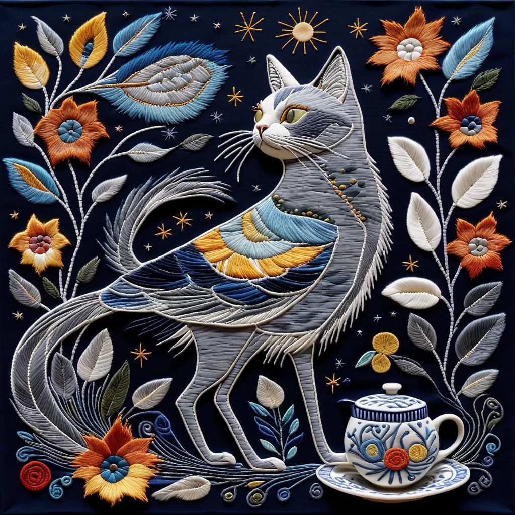 Embroidered Bird and Cats Under Starry Night