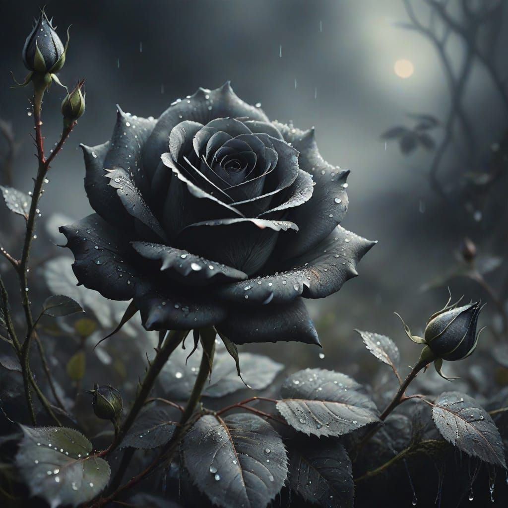 Black Rose Unfurls in Silver Moss: Oil Painting
