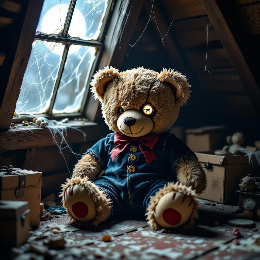 Tattered Teddy Bear in Dusty Attic by Moonlight