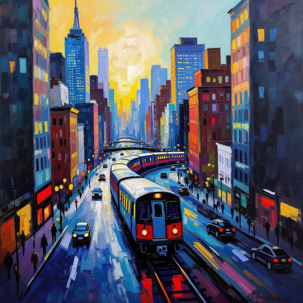 Manhattan Train in Neo-Impressionist Style