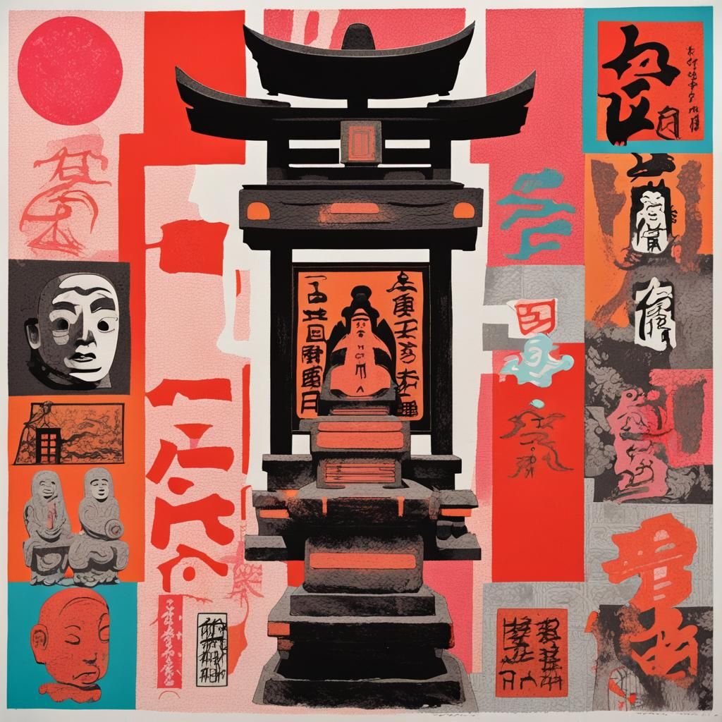 Cursed Japanese Shrine Statue Collage in Risograph Style