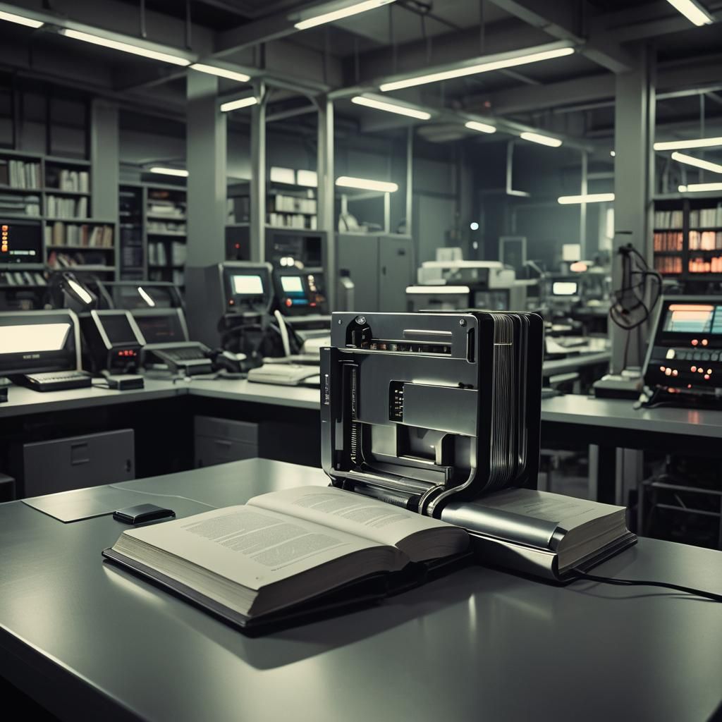 Futuristic Metallic Book in Industrial Lab, Cinematic Still