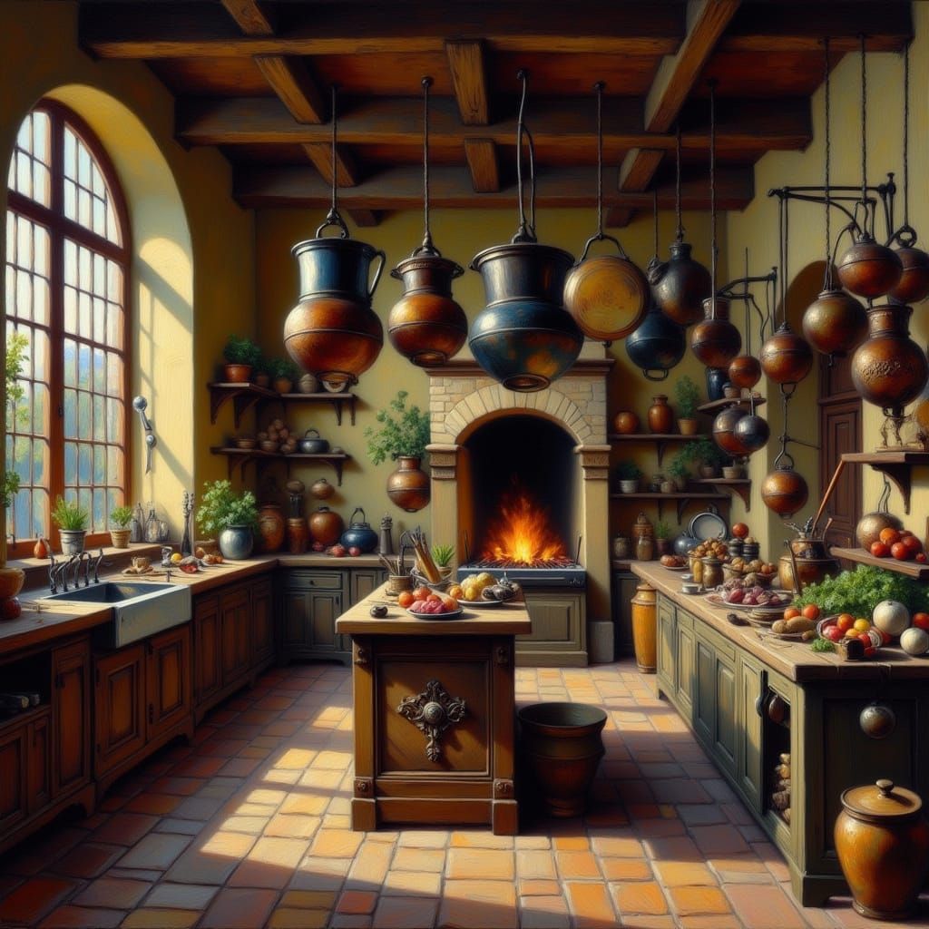 Renaissance Kitchen: Warm Light Oil Painting