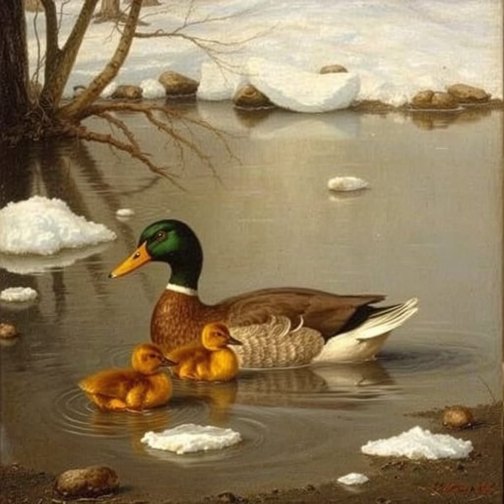 Duck and Ducklings on Pond in Early Spring