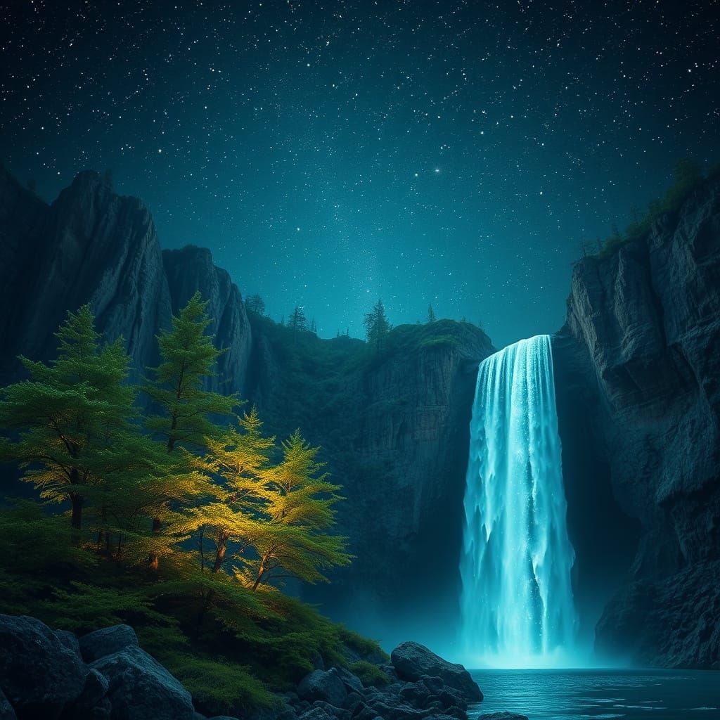 Surreal Crystal Forest Waterfall under a Starry Celestial Sk...