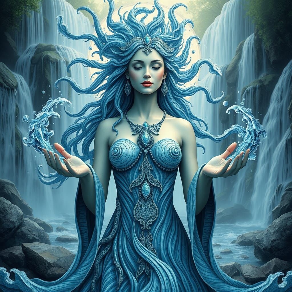 Water Goddess Manipulating Waterfalls with Abstract Fractals