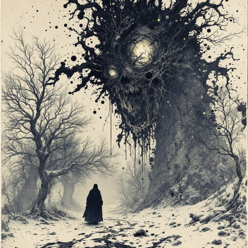 Dark Bosch-Inspired Winter Apocalypse in Liquid Ink Splatter...