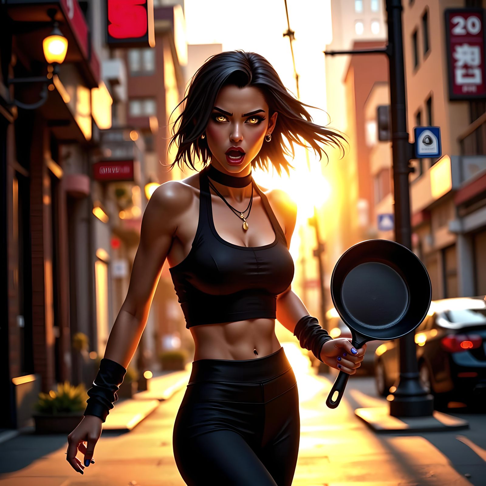 Angry Woman Chasing Viewer at Dawn, Anime Style