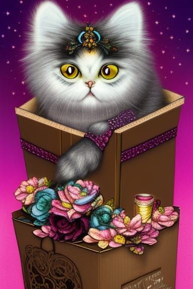Elegant Persian Cat in Cardboard Box: Art Nouveau Style
