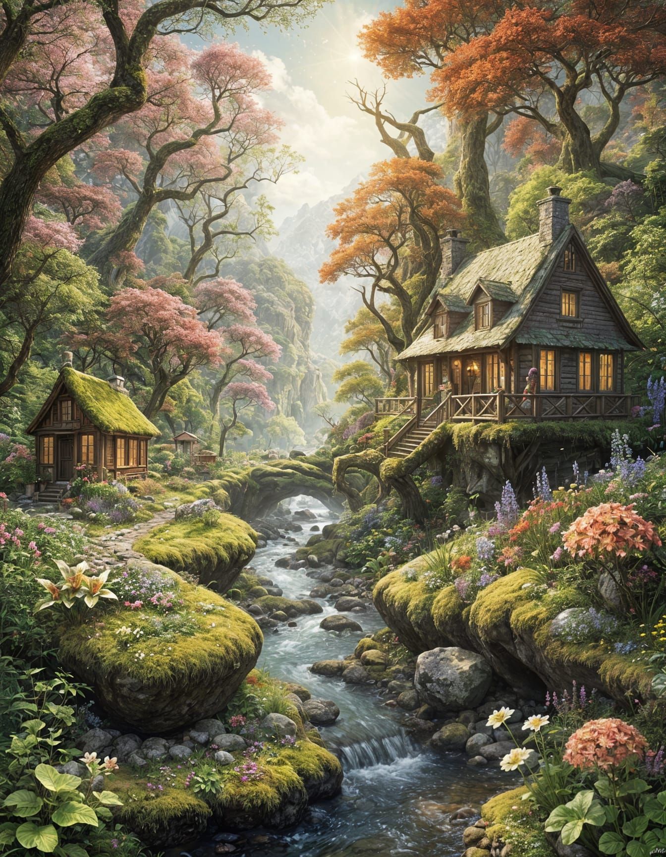 Enchanted Forest with Cottages and Exotic Wildlife