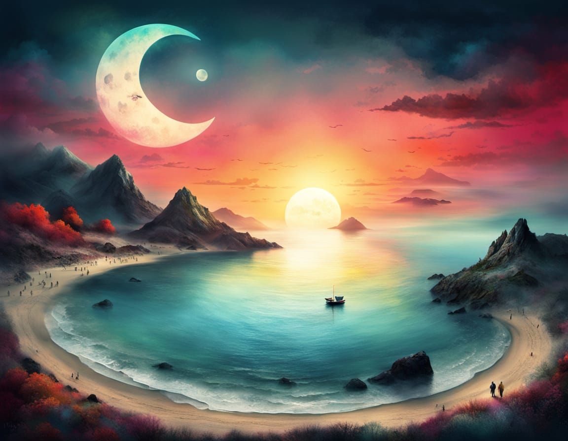 Surreal Yin Yang Landscape with Sunset Sky