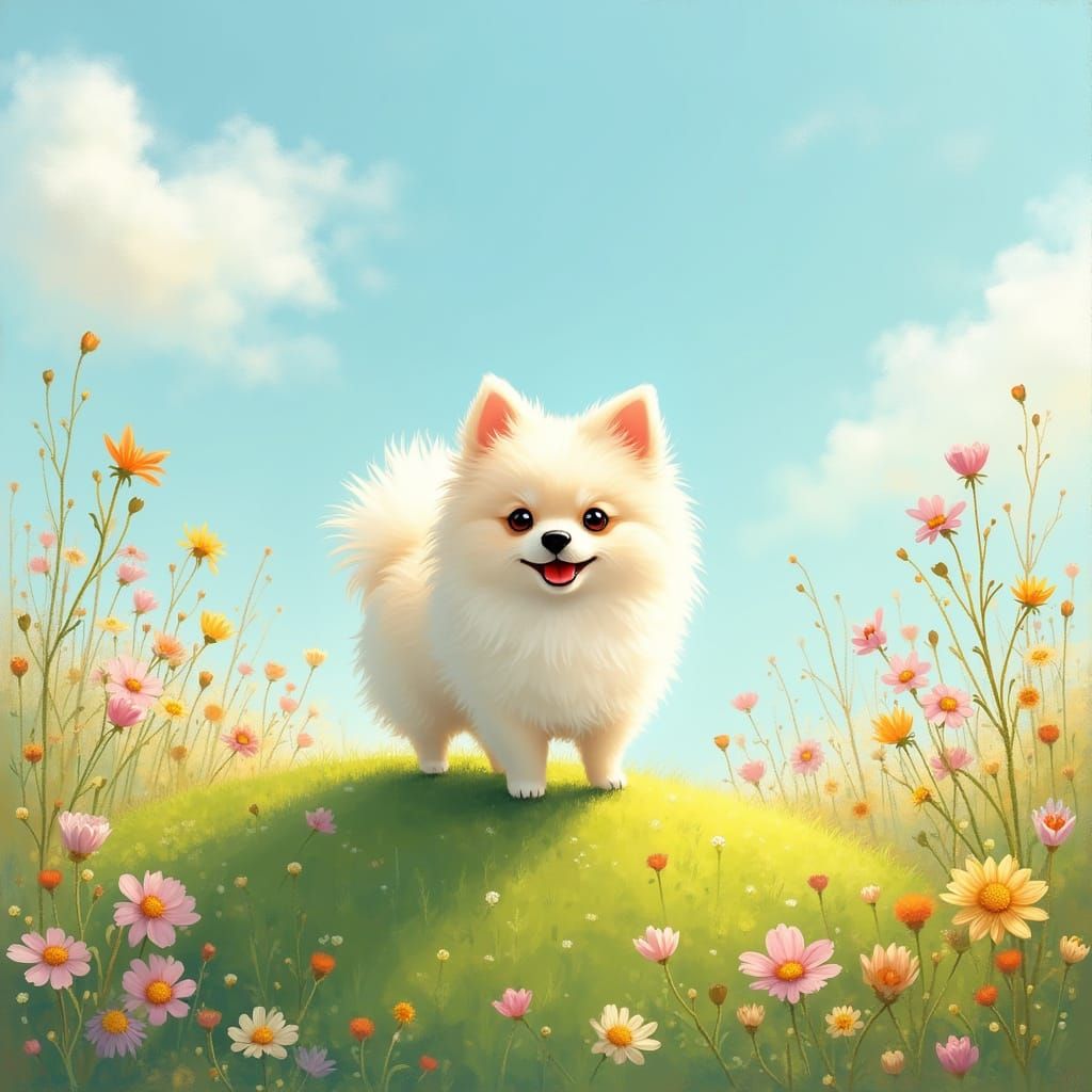 Whimsical Pomeranian in a Vibrant Impressionist Meadow